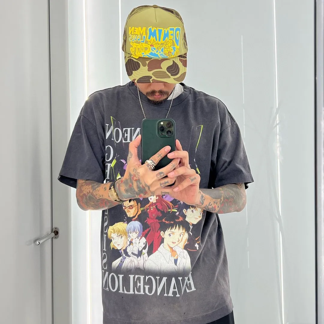 SAINT Mxxxxxx × EVANGELION NEON GNSIS TEE/BLK co-branded Neon Genesis Evangelion distressed short-sleeves, washed black S-XL, vintage NEW VINTAGE, top printing technology, garment dyeing, re-washed, distressed, correct co-branded main mark/washing mark